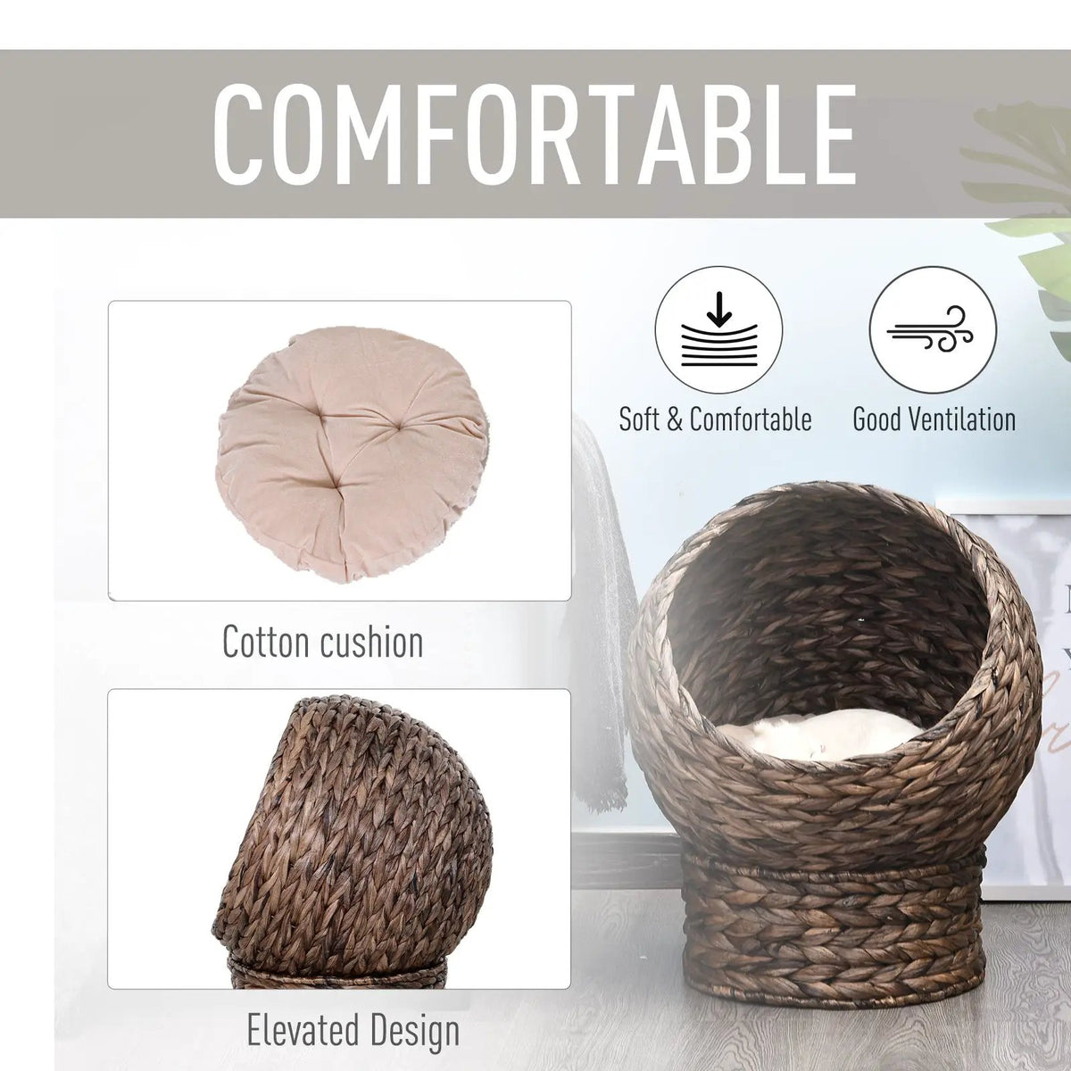 Pear Daisy handmade wicker elevated cat bed with cushion set (2), dark brown for kittens