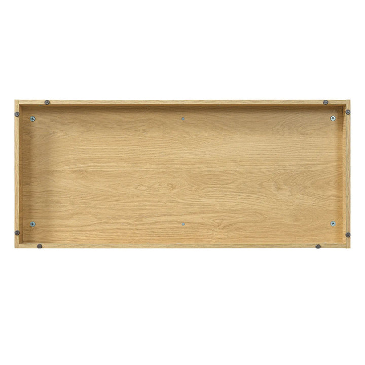 Underside view of The Curator Cat Bookshelf in Natural showing the rectangular base and corner hardware