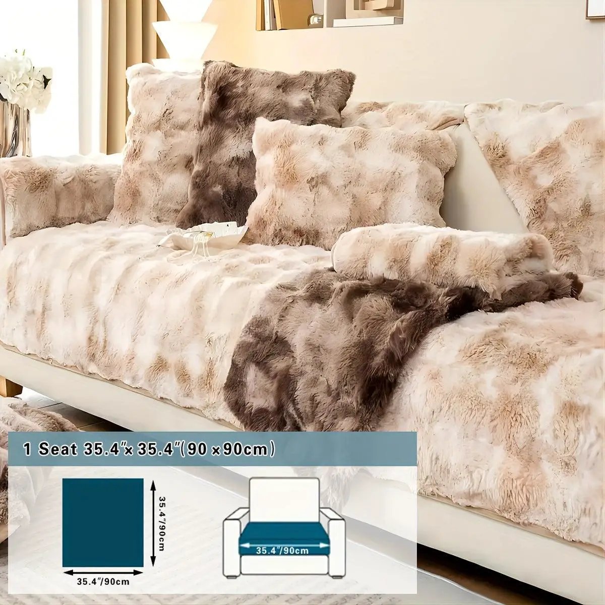 Luxurious gradient velvet sofa cover in beige-brown tones for 1-seat cushion, 90x90 cm