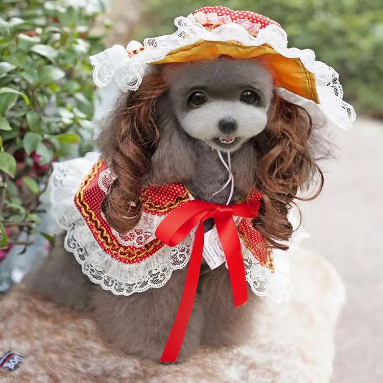 Dog costume by Pet Zen: Christmas outfit with red lace cape, hat, and bow.