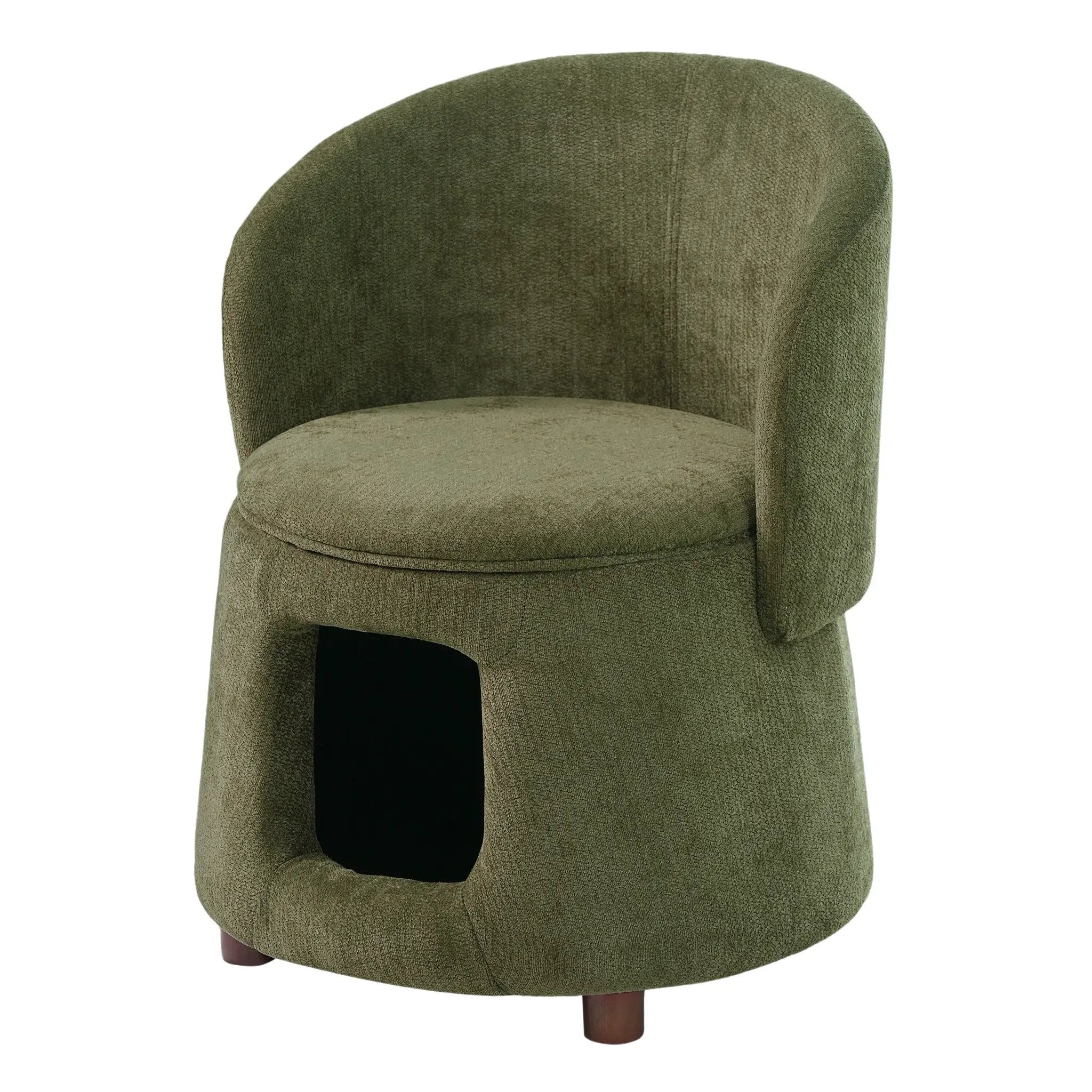 Green Pet Friendly Chair with Hidden Pet Nook, olive upholstery and wooden legs.