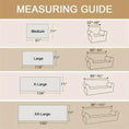 Load image into Gallery viewer, Premium Couch Cover Blanket by topspet; measuring guide shows Medium to XX-Large sofa cushions with widths 91, 118, 134, 150 in
