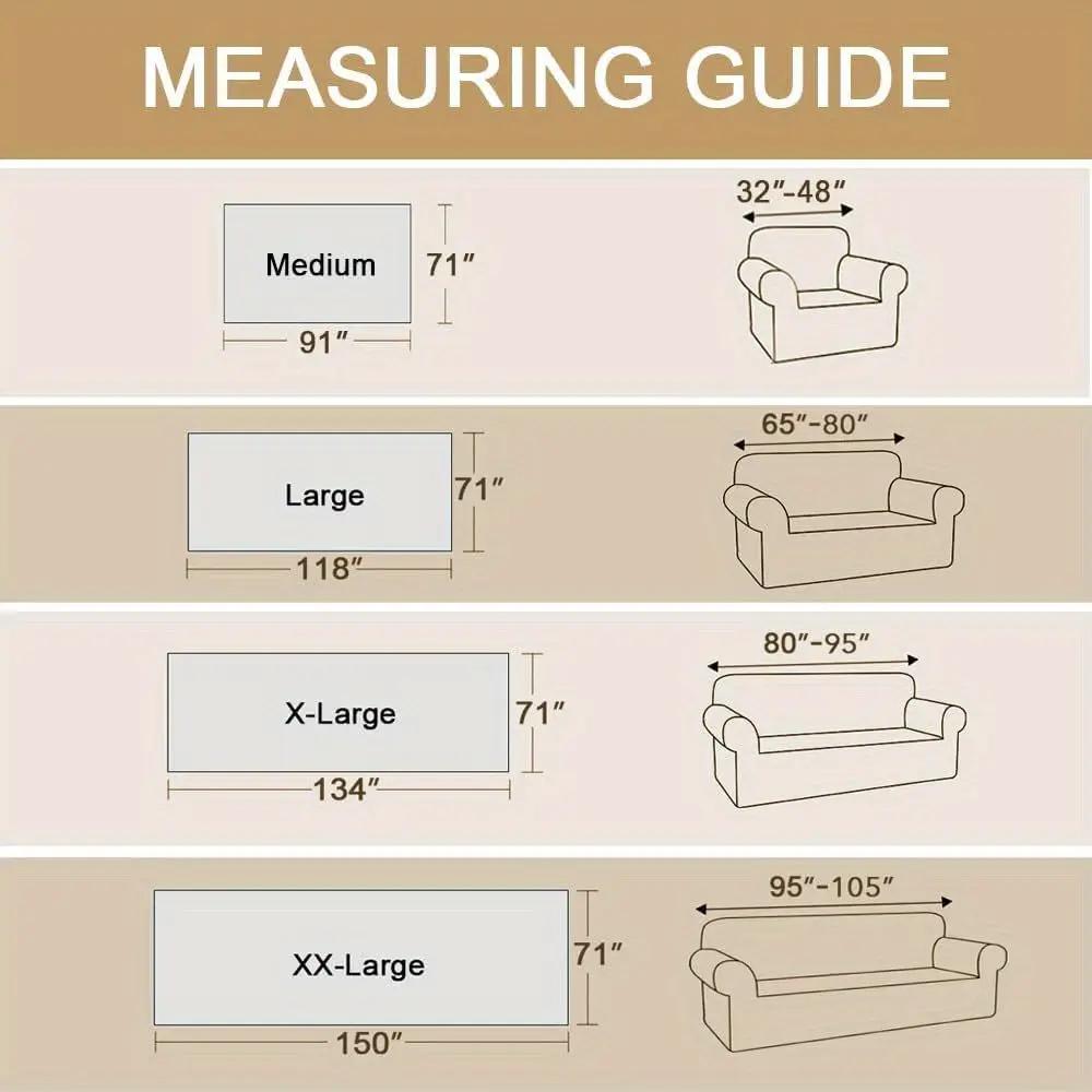 Premium Couch Cover Blanket by topspet; measuring guide shows Medium to XX-Large sofa cushions with widths 91, 118, 134, 150 in