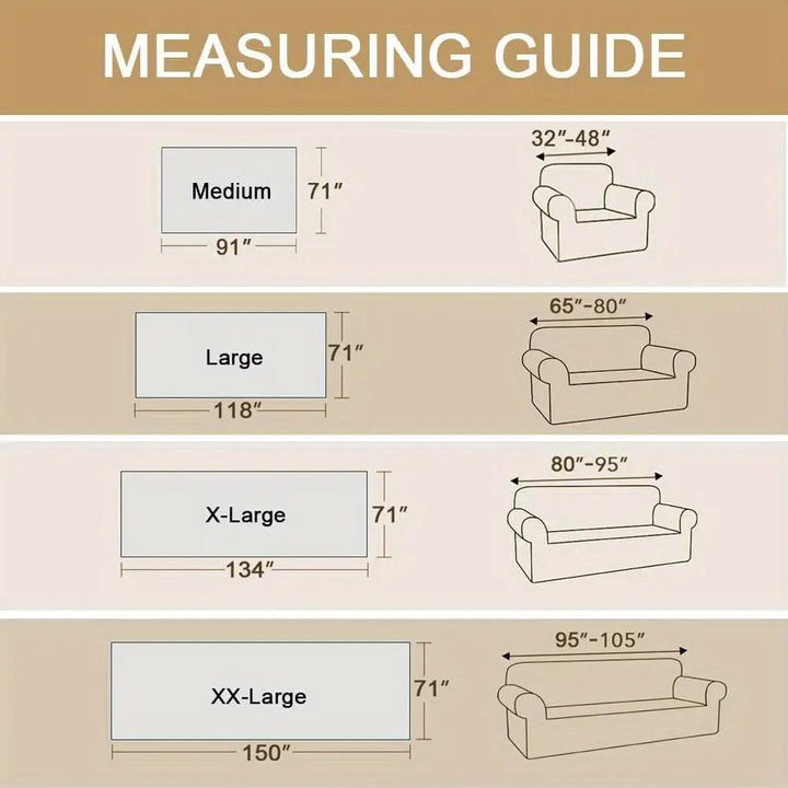 Premium Couch Cover Blanket by topspet; measuring guide shows Medium to XX-Large sofa cushions with widths 91, 118, 134, 150 in
