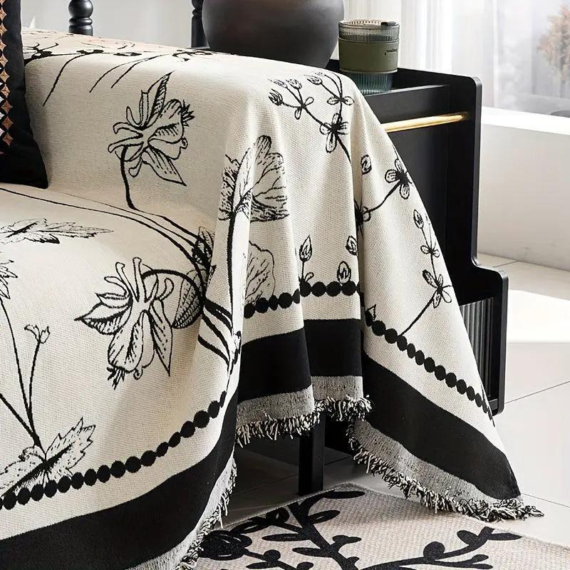 Soft & Cozy Chenille Reversible Sofa Cover by topspet in black and white floral design