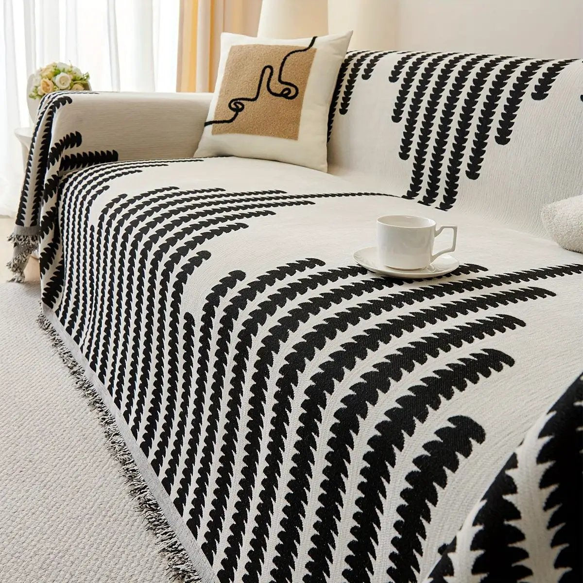 Chenille sofa cover by topspet, white with black frond pattern, non-slip universal protector.