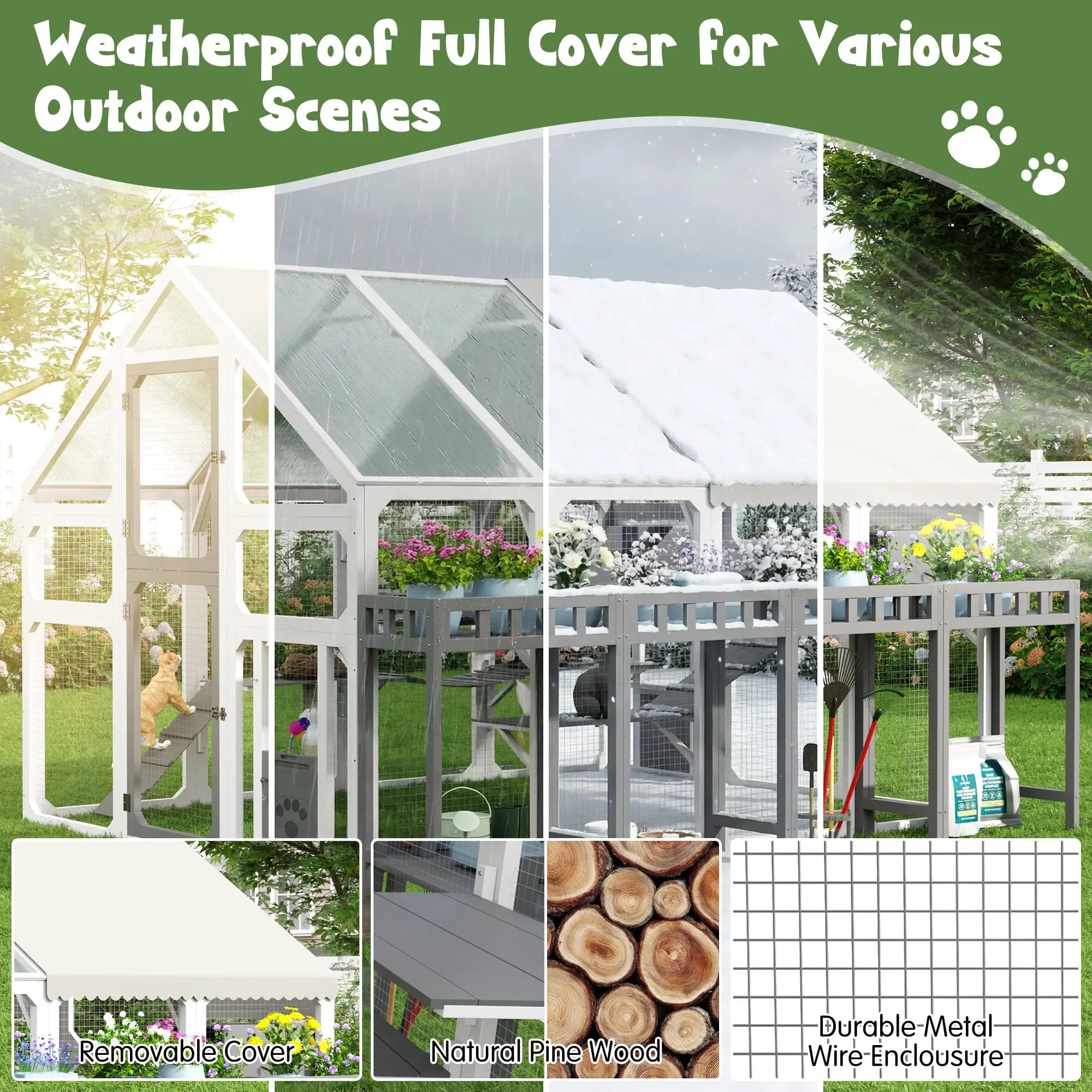 Large outdoor cat house with planter stand and wooden walk-in catio, grey and white, with waterproof cover.