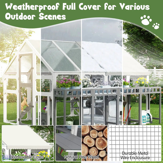 Large outdoor cat house with planter stand and wooden walk-in catio, grey and white, with waterproof cover.