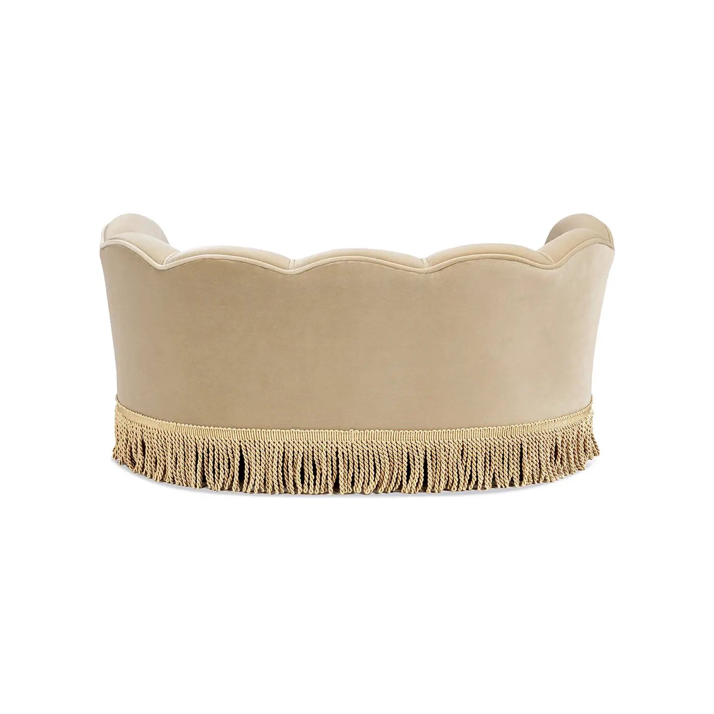 Clara 34.5-inch Scalloped Pet Sofa Bed in Fawn with fringe trim
