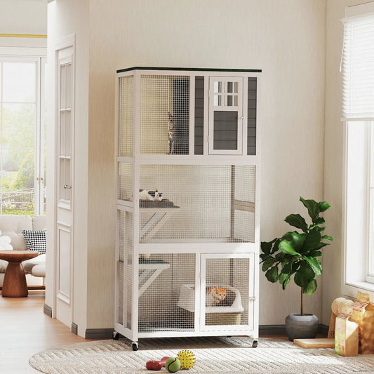 74-inch wooden catio enclosure on wheels with mesh panels and white finish