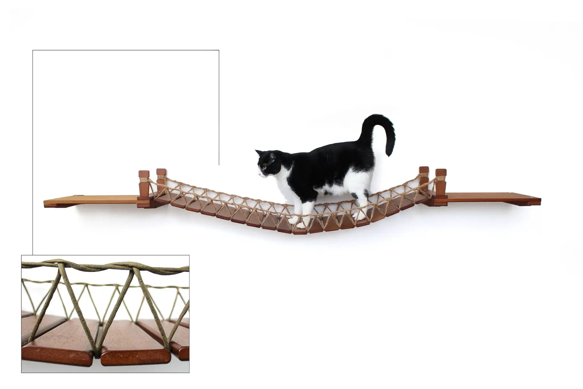 Cat Wall Bridge and Shelf Set by Catastrophic Creations; wooden platforms with a woven rope bridge.
