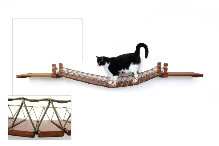 Cat Wall Bridge and Shelf Set by Catastrophic Creations; wooden platforms with a woven rope bridge.