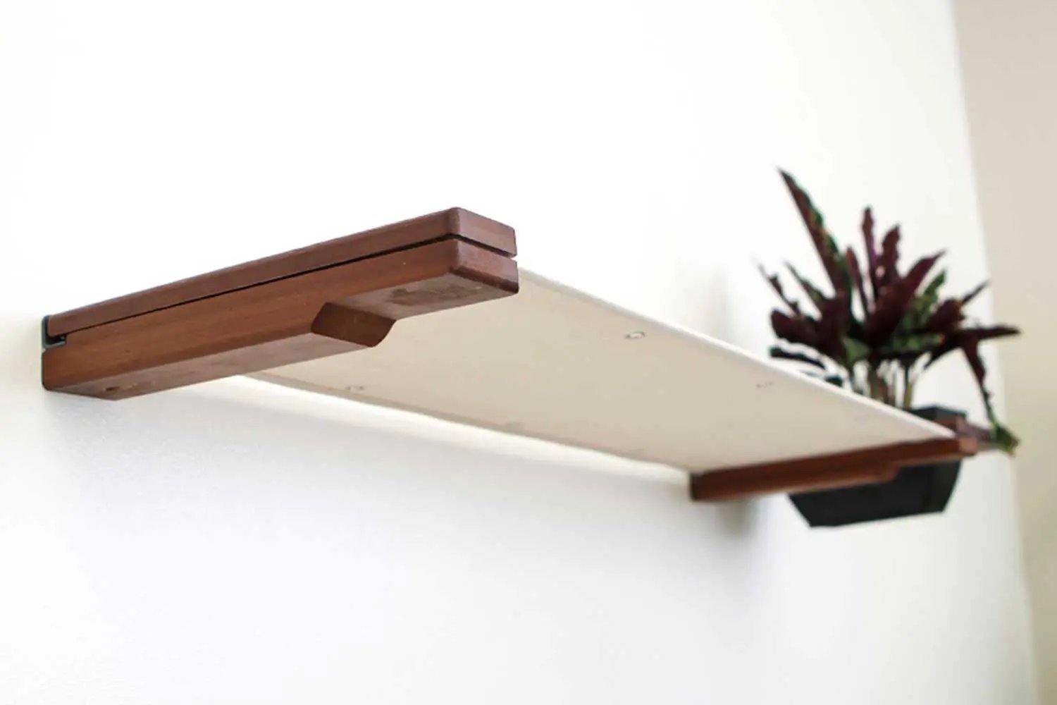 Cat Hammock Wall with Planter by Catastrophic Creations; white shelf with brown wood brackets and planter.