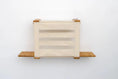 Carica l'immagine nel visualizzatore della galleria, Cat Cubby for Wall Covered Cat Bed by Catastrophic Creations; beige fabric with wooden side shelves
