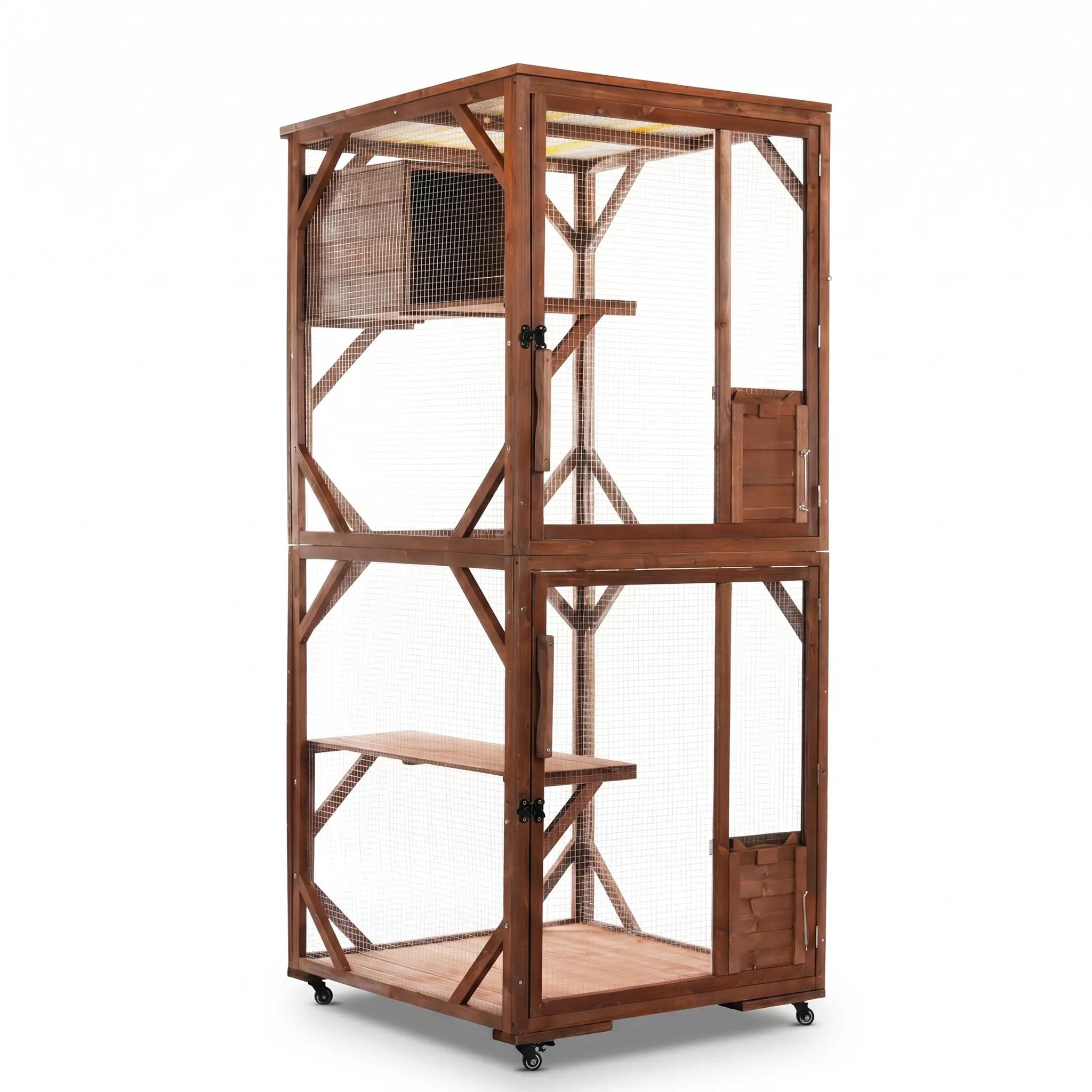 Large 2-tier outdoor wooden cat enclosure on lockable wheels with predator-proof wire mesh