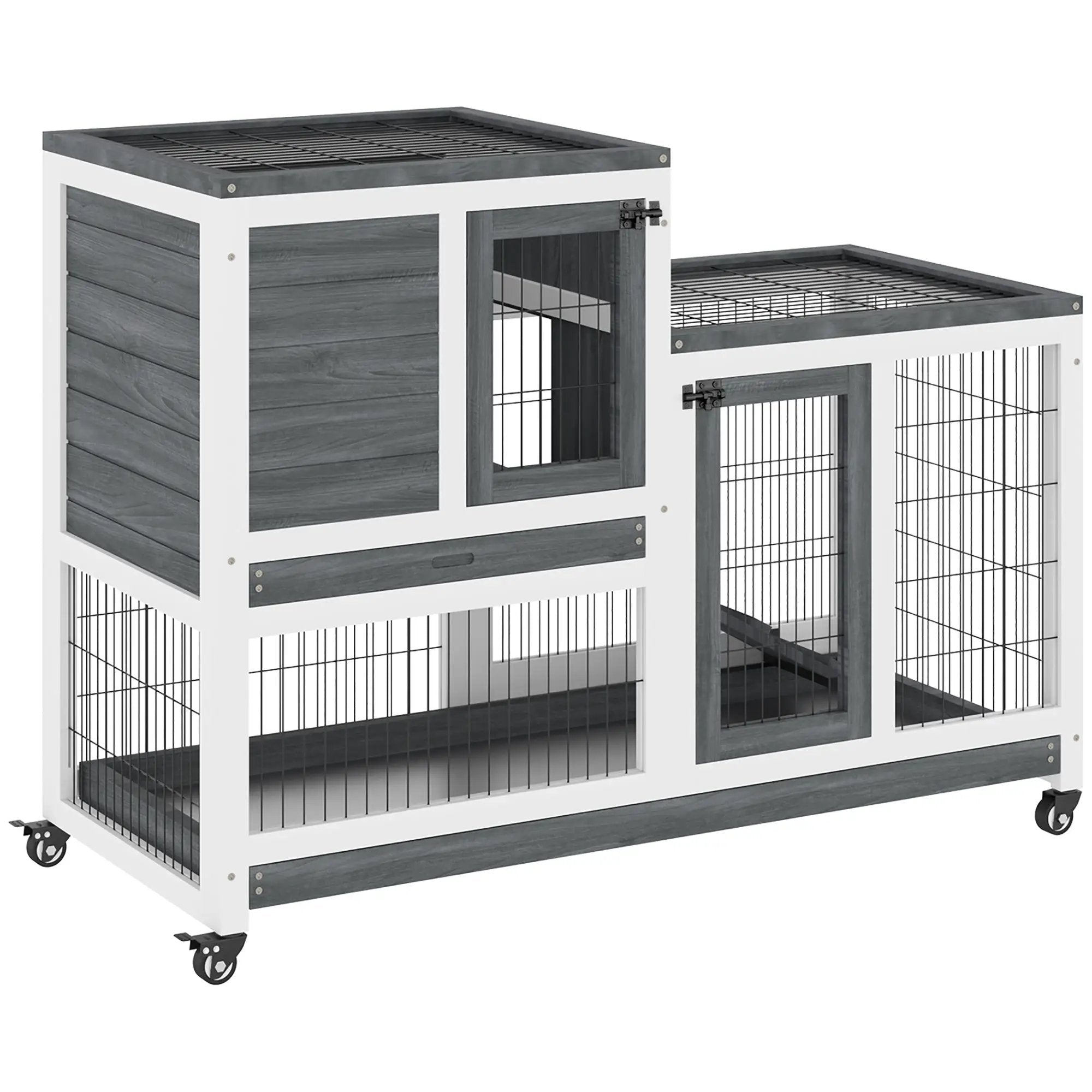 PawHut wooden rabbit hutch elevated bunny cage, white and gray frame, two levels with wire mesh doors and casters.
