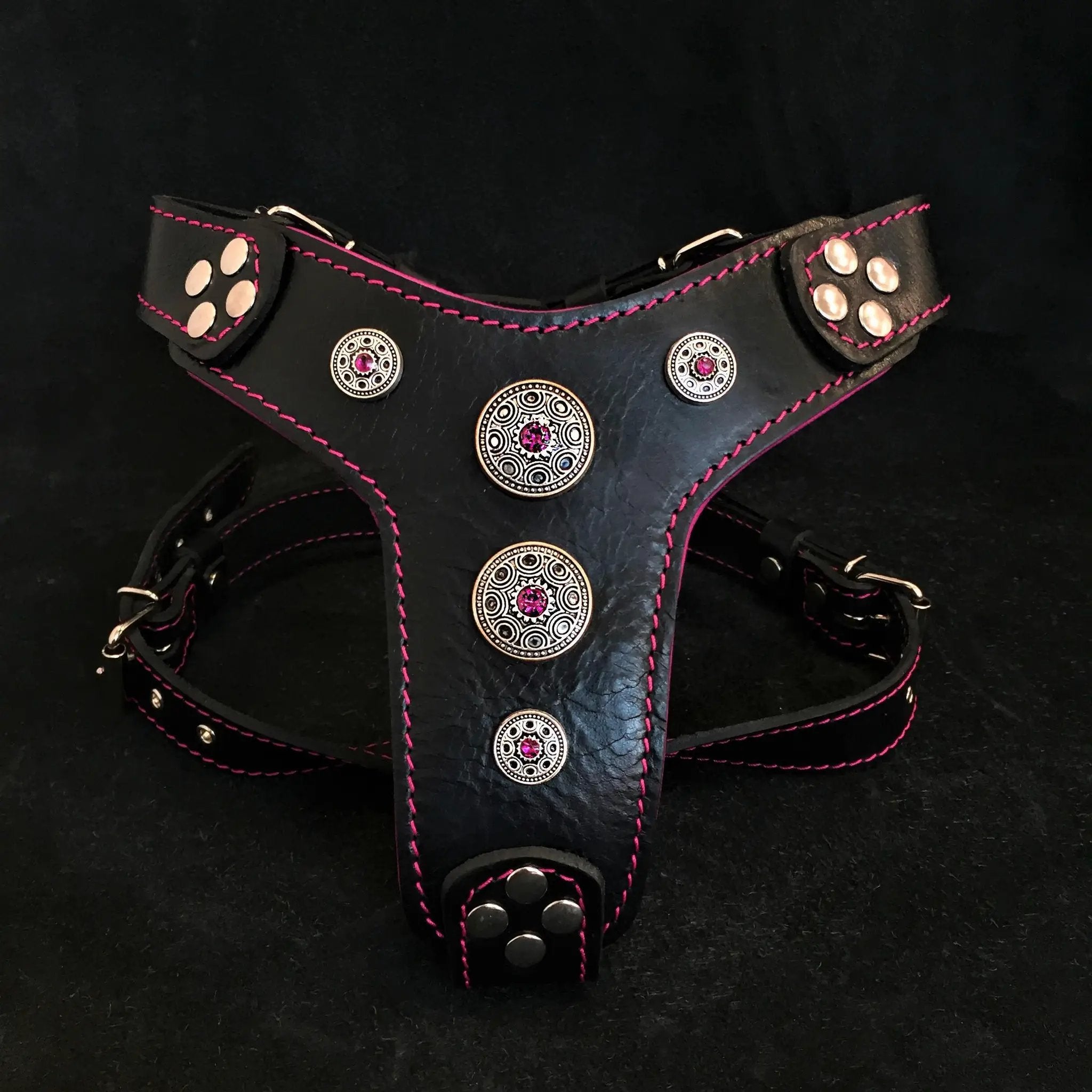 The ''Bijou'' harness Black & Pink Small to Medium Size - Pet Collars & Harnesses from Bestia Dog Gear