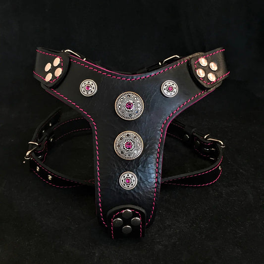 The ''Bijou'' harness Black & Pink Small to Medium Size - Pet Collars & Harnesses from Bestia Dog Gear