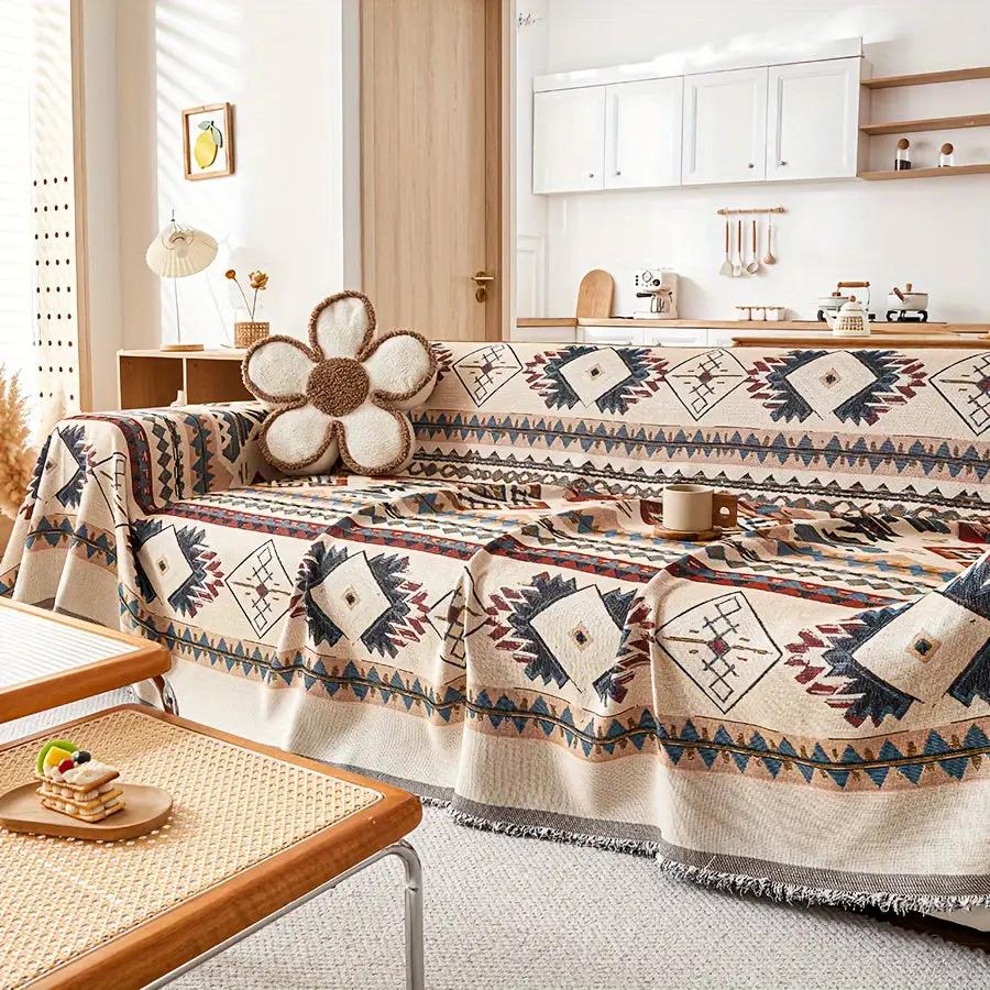 Extra Large Sofa Cover, stretchable furniture protector with beige geometric print designed to fit sofas