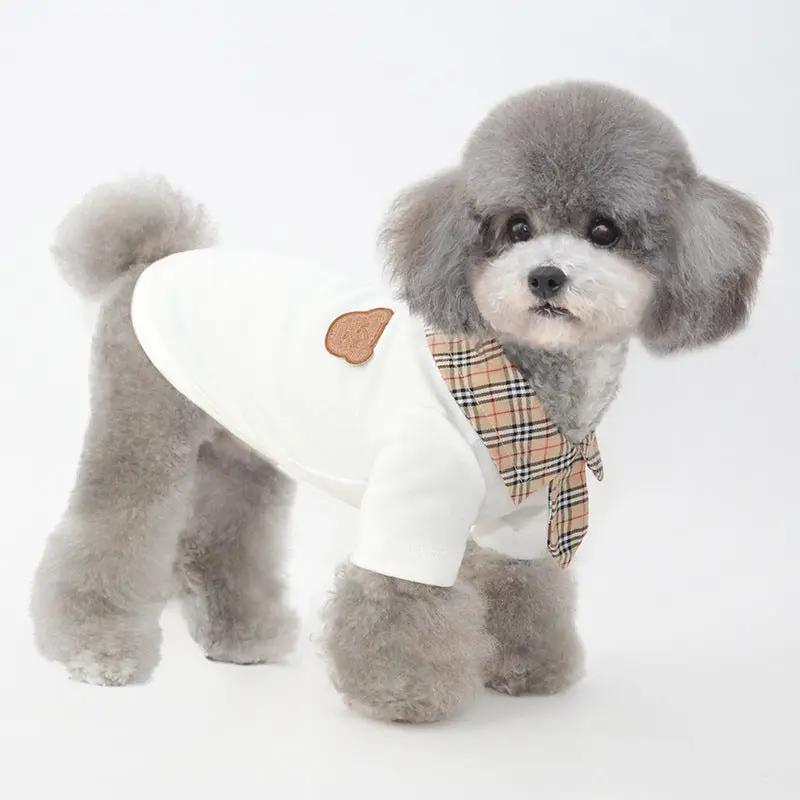 Dog clothes summer thin section small dog in a stylish polo shirt with a plaid collar and a cute design.