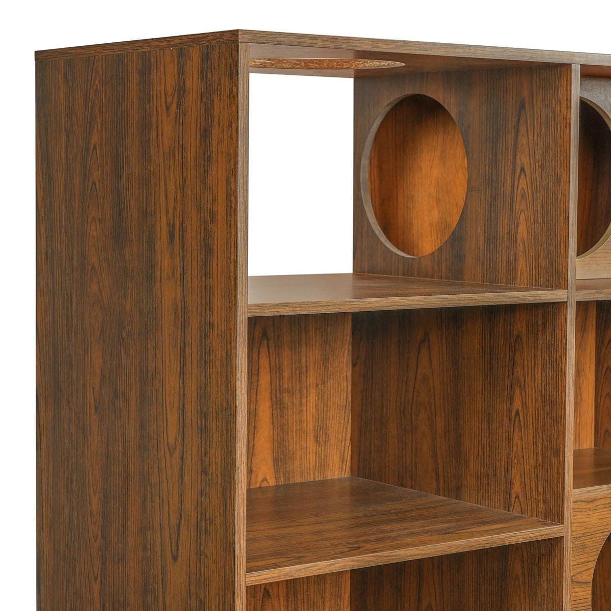 Modern 2-in-1 cat house bookshelf by Sangria Beech, wooden cat tree display cabinet with round openings.