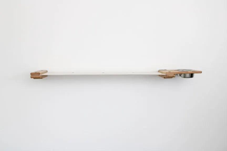 Cat Hammock by Catastrophic Creations: wall-mounted raised dog-proof cat feeder with wooden brackets and metal dish