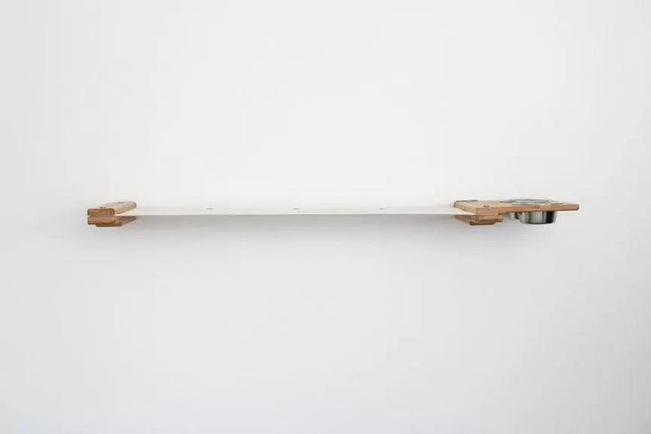 Cat Hammock by Catastrophic Creations: wall-mounted raised dog-proof cat feeder with wooden brackets and metal dish