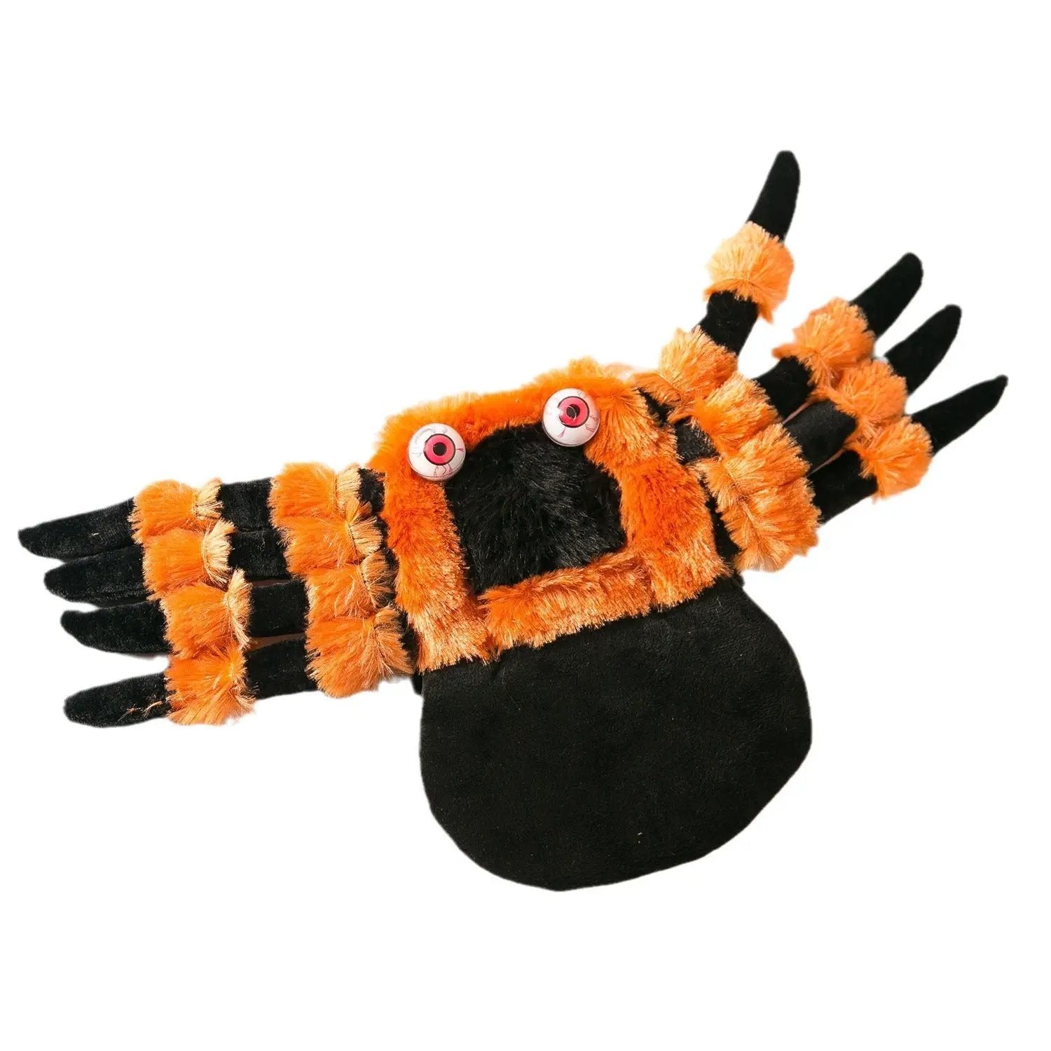 Pet Clothes Halloween Spider Pet Costume, orange and black plush with googly eyes.