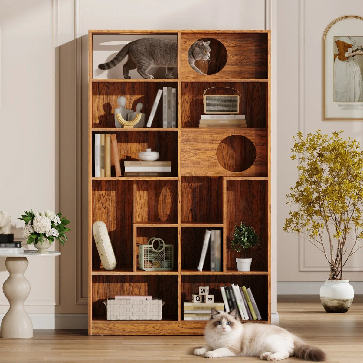 Modern 2-in-1 wooden cat house bookshelf by Sangria Beech; cat tree display cabinet in warm brown wood.