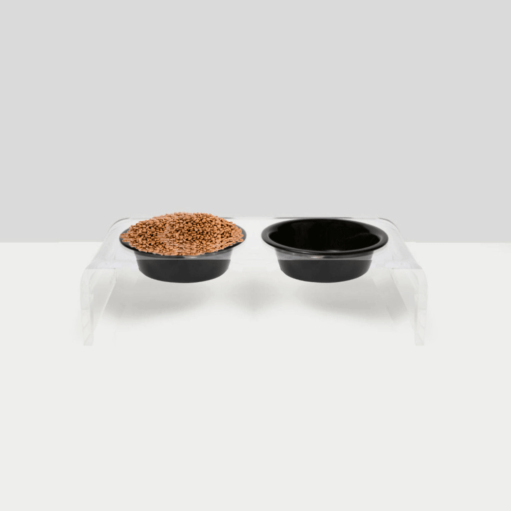 Hiddin Clear Acrylic Double Feeder with Black or White Bowls – 3 in High