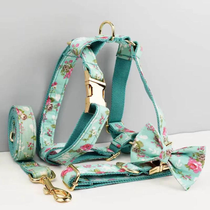 Blue Blossom Floral Harness Lead Set 3 Piece Kit With Removable Bow by DDPaws