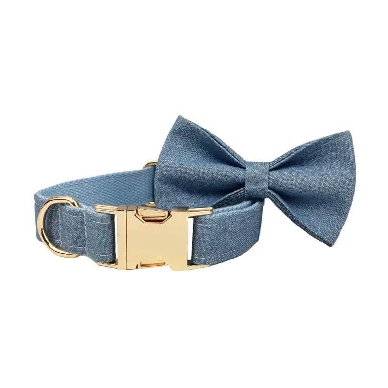 Luxury Blue Denim Dog Harness Leash Bow Tie Set Personalized Buckle by DDPaws