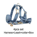 Load image into Gallery viewer, Luxury Blue Denim Dog Harness Leash Bow Tie Set Personalized Buckle by DDPaws
