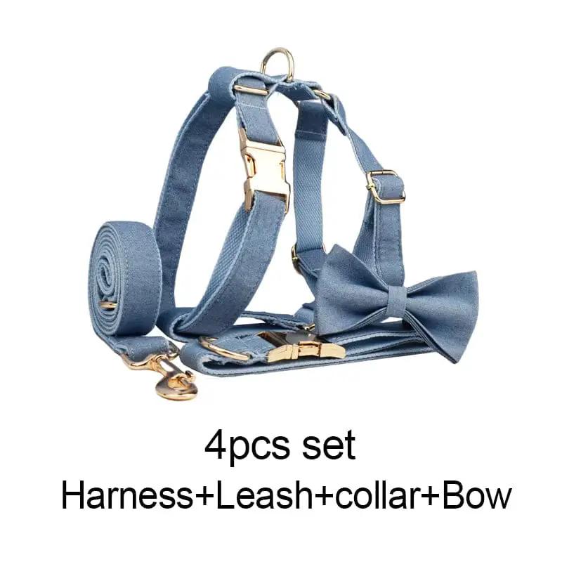 Luxury Blue Denim Dog Harness Leash Bow Tie Set Personalized Buckle by DDPaws