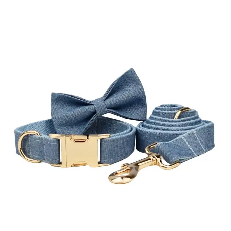 Luxury Blue Denim Dog Harness Leash Bow Tie Set Personalized Buckle by DDPaws