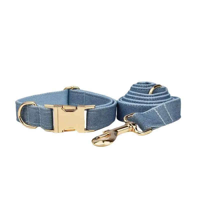 Luxury Blue Denim Dog Harness Leash Bow Tie Set Personalized Buckle by DDPaws