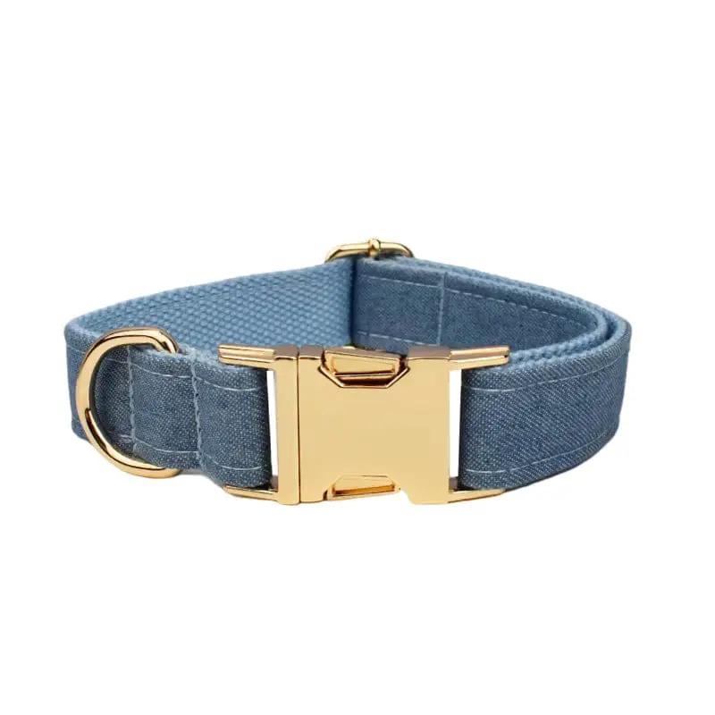 Luxury Blue Denim Dog Harness Leash Bow Tie Set Personalized Buckle by DDPaws