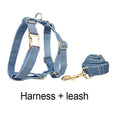 Load image into Gallery viewer, Luxury Blue Denim Dog Harness Leash Bow Tie Set Personalized Buckle by DDPaws
