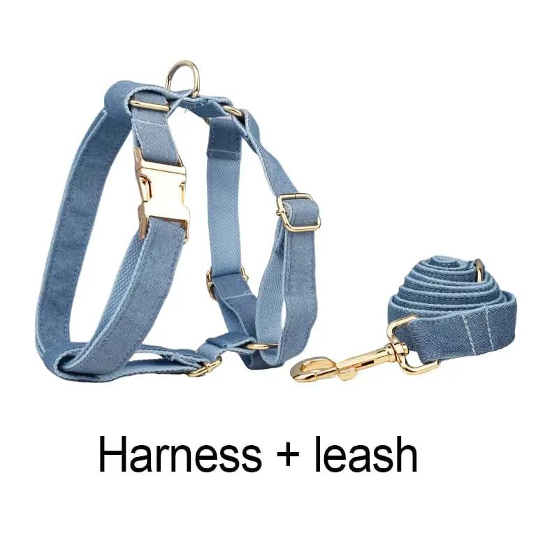 Luxury Blue Denim Dog Harness Leash Bow Tie Set Personalized Buckle by DDPaws