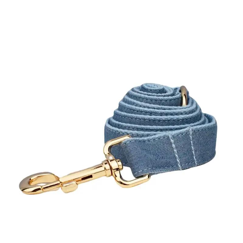 Luxury Blue Denim Dog Harness Leash Bow Tie Set Personalized Buckle by DDPaws