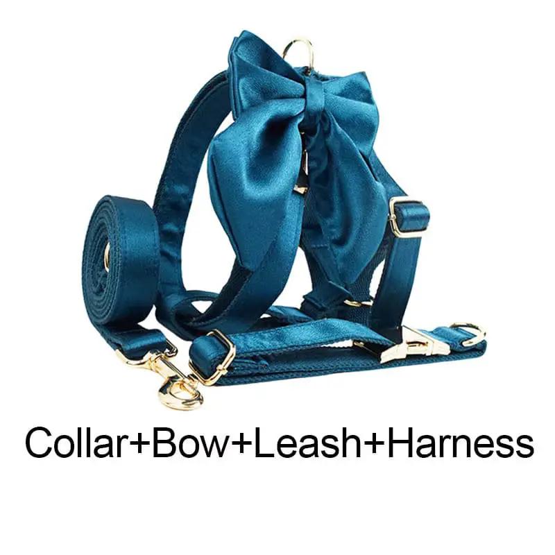 Luxe Blue Green Satin Dog Harness And Leash Set No Pull Custom Matching Pet Walking Gear Style by DDPaws