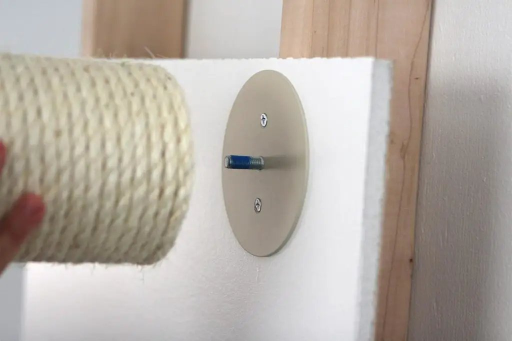 Floating Cat Step for Wall cat scratcher by Catastrophic Creations; beige sisal rope post on wall.