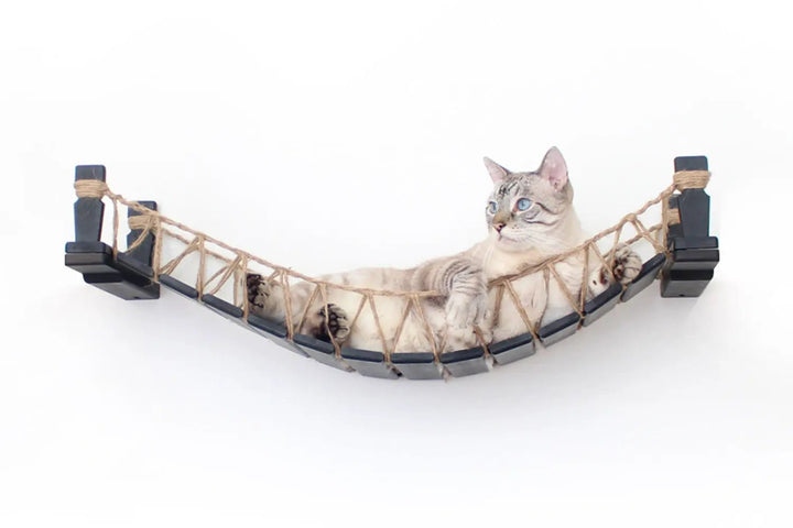 Cat Bridge for Wall by Catastrophic Creations; rope-woven cat perch with black end supports.