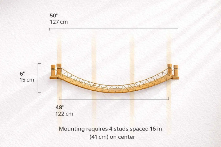 Cat Bridge for Wall by Catastrophic Creations; curved wooden cat perch with lattice rope, 50in long