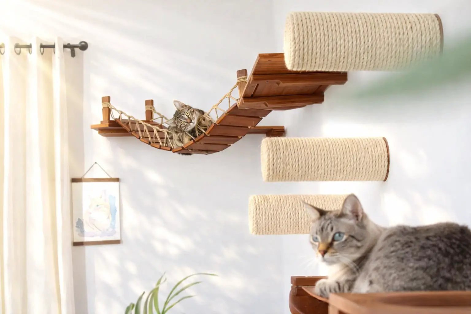 Corner Cat Shelf Bridge wooden wall-mounted cat bridge with rope-net walkway and three beige sisal cylinders; two cats
