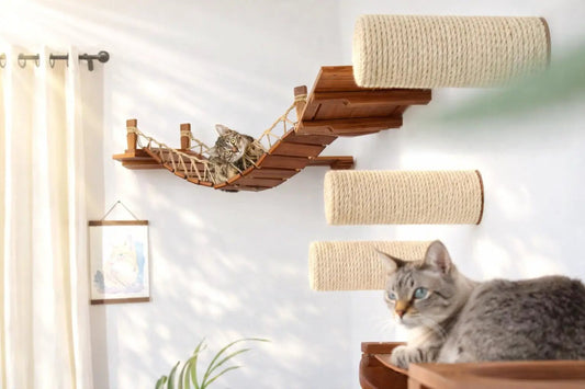 Corner Cat Shelf Bridge wooden wall-mounted cat bridge with rope-net walkway and three beige sisal cylinders; two cats