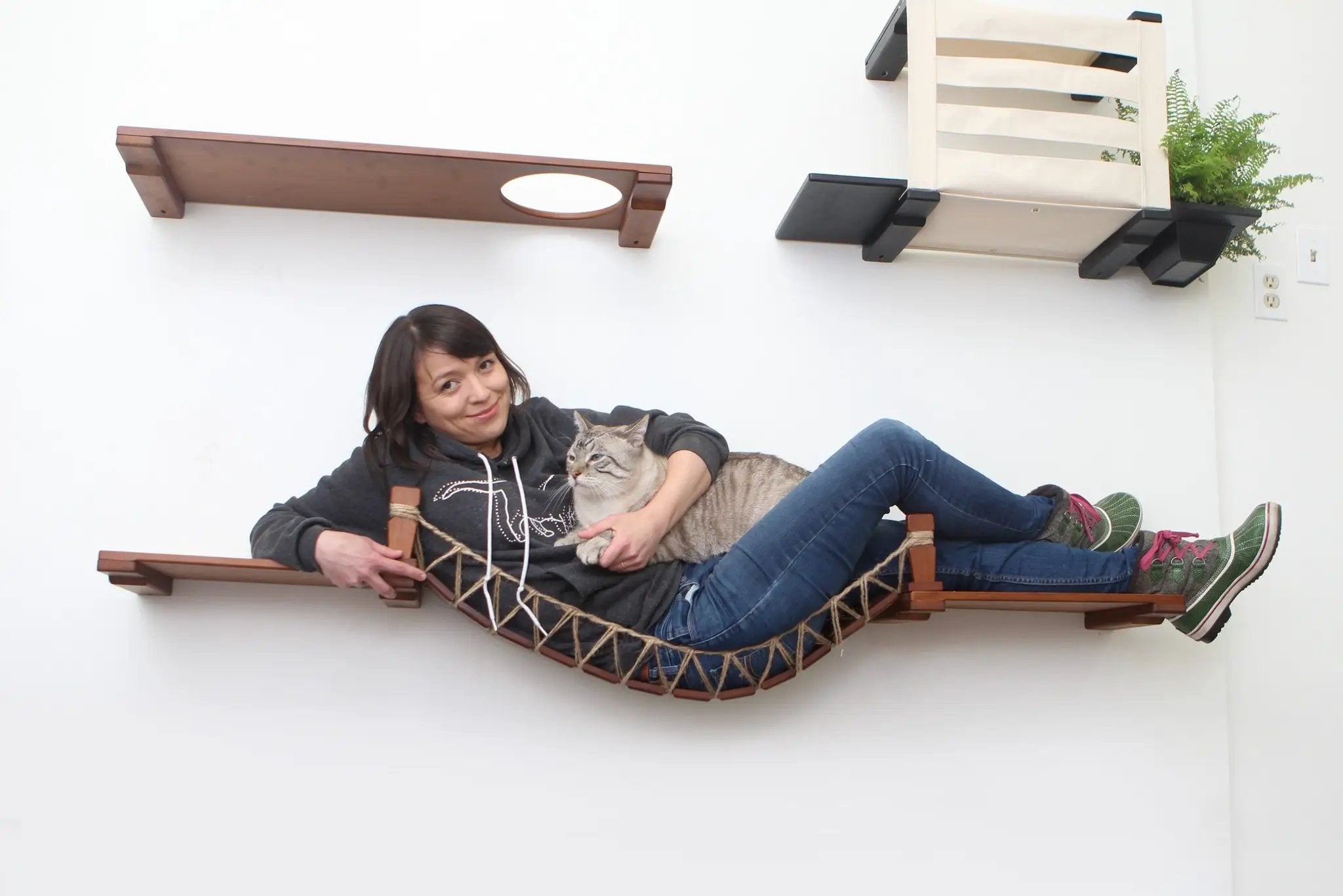 Cat Wall Bridge and Shelf Set by Catastrophic Creations; wooden cat perch with rope hammock and wall-mounted platforms.