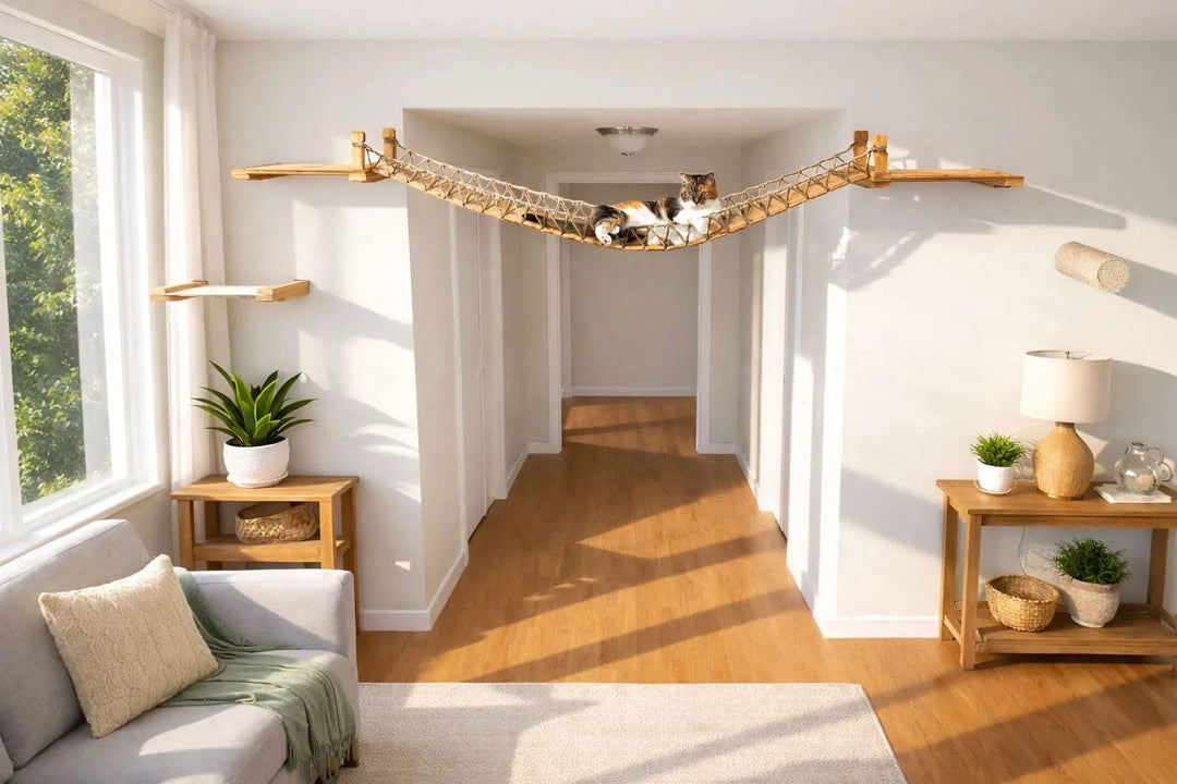Cat Wall Bridge and Shelf Set by Catastrophic Creations, wooden rope-bridged cat bridge with wall shelves.