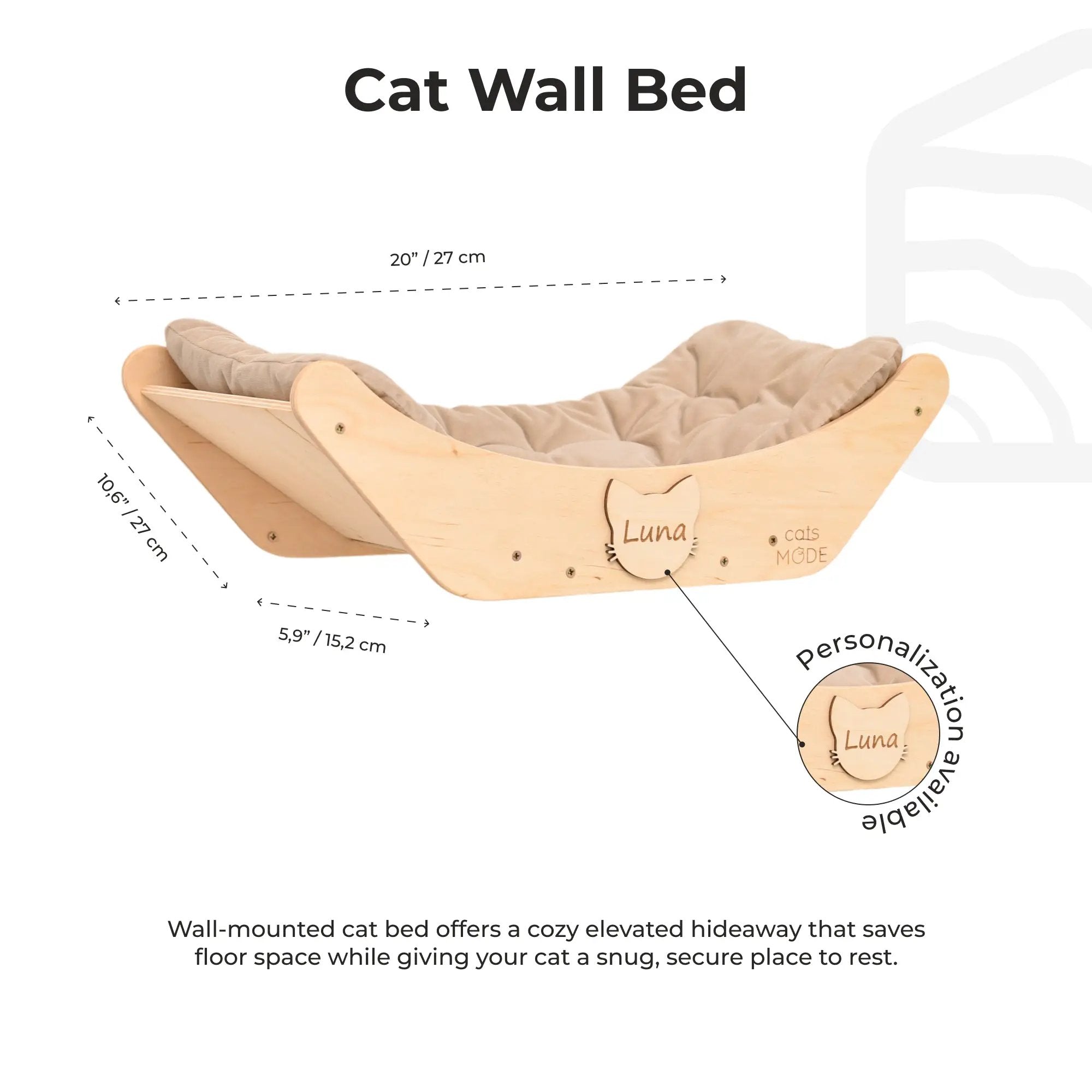 Cat bed wall-mounted wooden frame with beige cushion; Enjoy The Wood B2B cat condo.