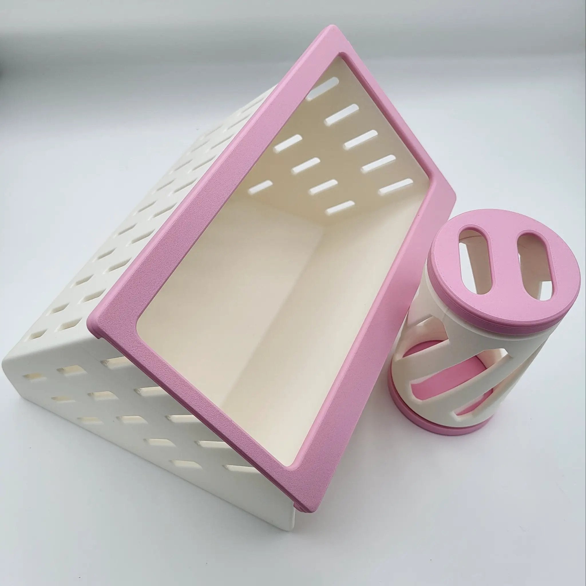 Open Air Hay Feeder and Hay Roller Bundle by Bunny Business; pink frame with white lattice sides.